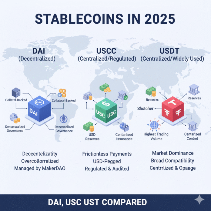 Stablecoins Infographic comparing stablecoins DAI, USDC and USDT in 2025—decentralization, reserves, regulation